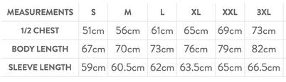 Zip up hoodie size chart